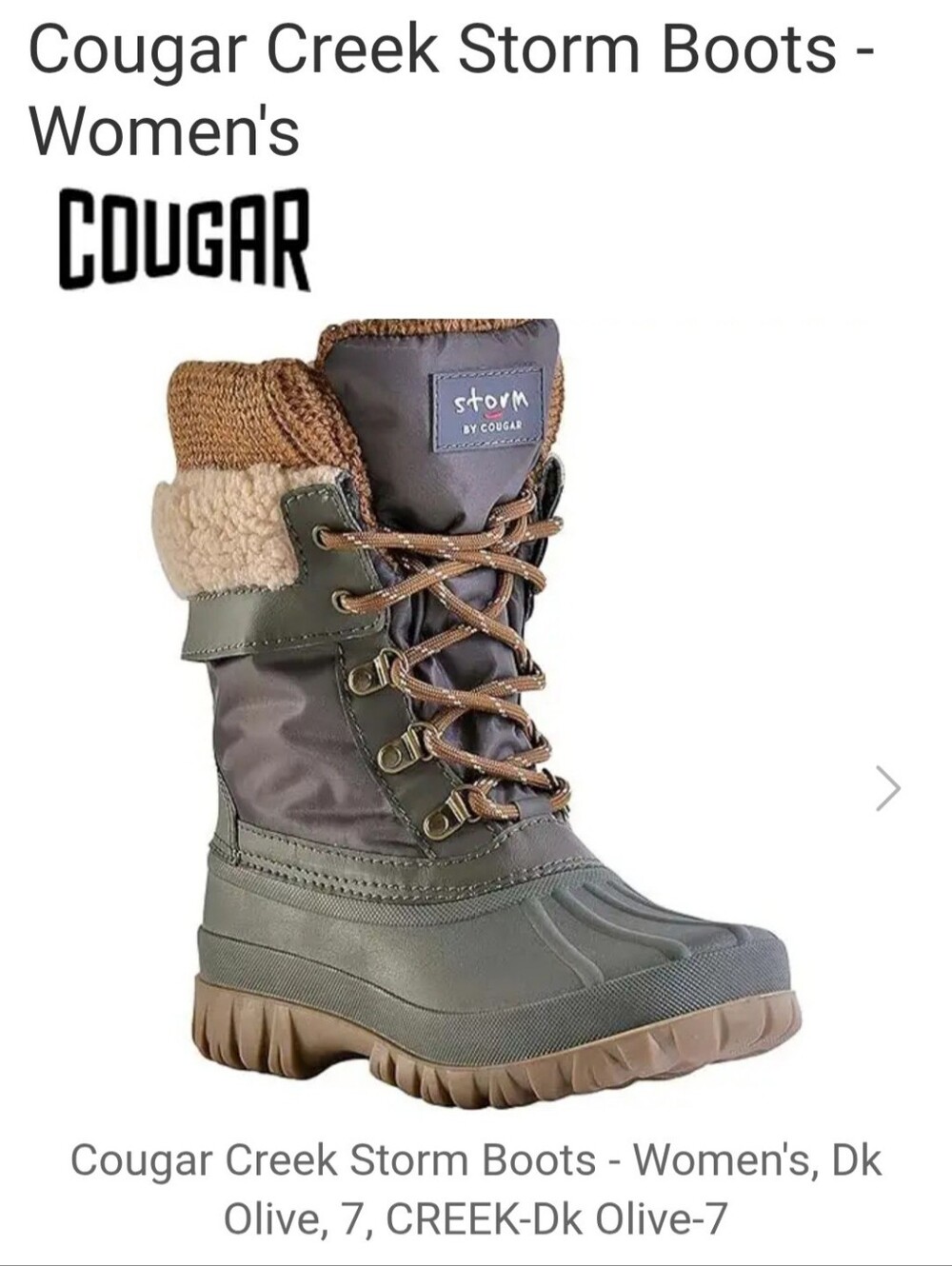 Storm by Cougar Women's Creek Waterproof Winter Boots Olive/Brown Size 7